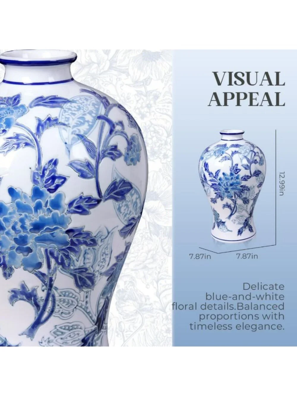 Hand-Painted Blue & White Floral Porcelain Vase, 13